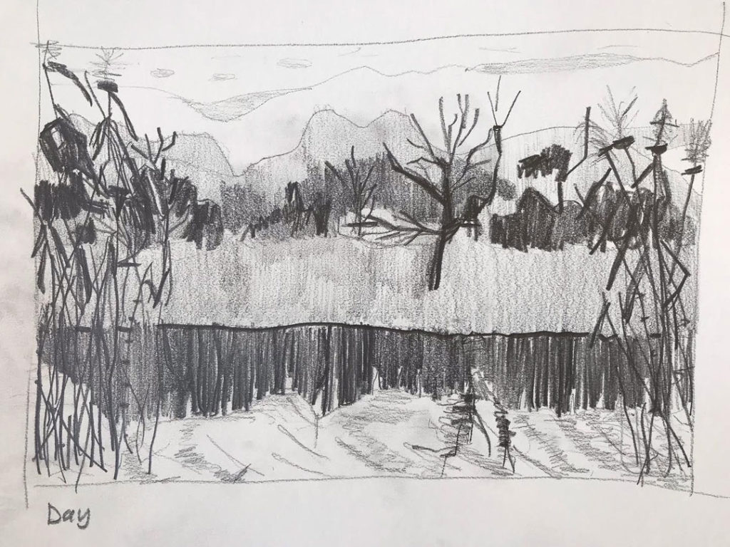 Pencil value study sketch planning landscape painting composition and light/dark shapes
