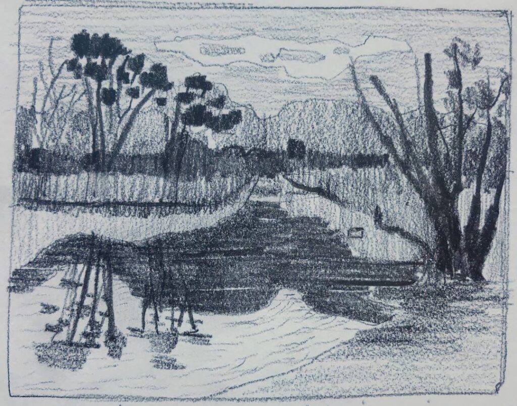 Example of a value sketch, depicting the Kleinrivier in Stanford, illustrating the initial stage of planning light and dark areas for a painting.