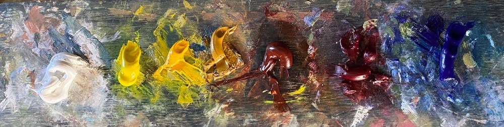 Beginner oil painting palette setup with Titanium White, Arylamide Lemon, Arylamide Yellow, Burnt Sienna, Alizarin Crimson, Ultramarine Blue, and Phthalo Blue.